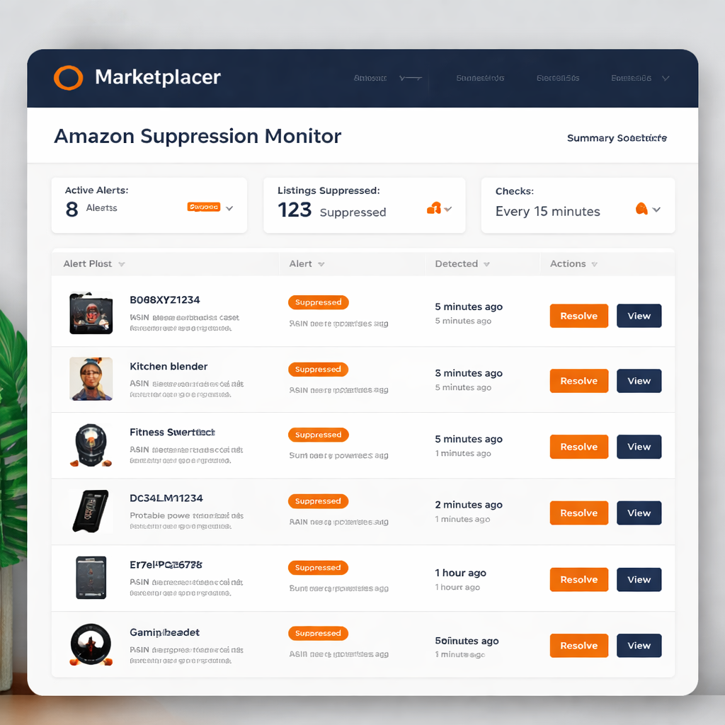 A photorealistic dashboard showing an automated Amazon suppression monitor with alert list, timestamps, and action buttons. Alt: Realistic view of ongoing Amazon listing health checks.