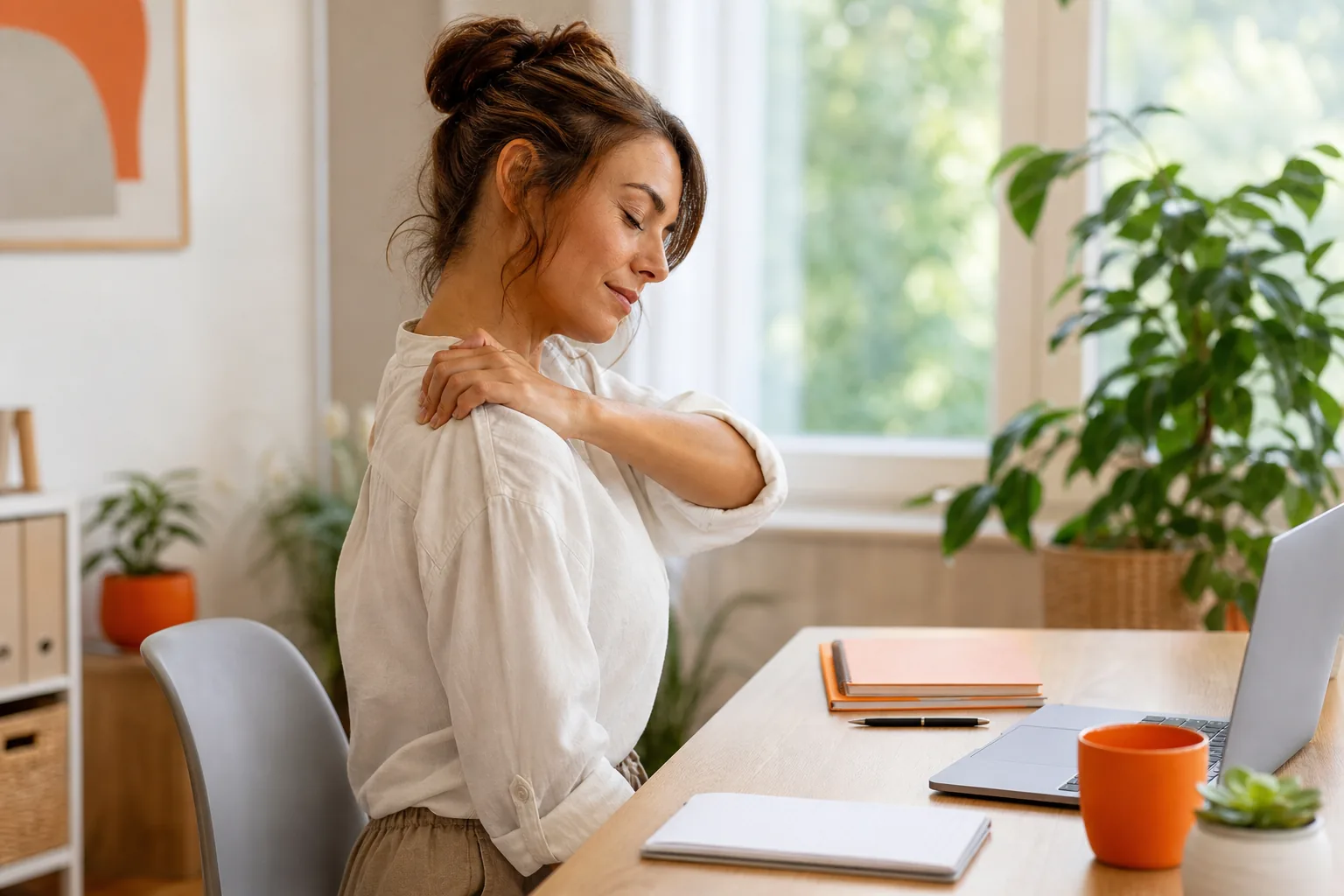 Gentle self-release for tight neck and shoulder muscles caused by text neck.