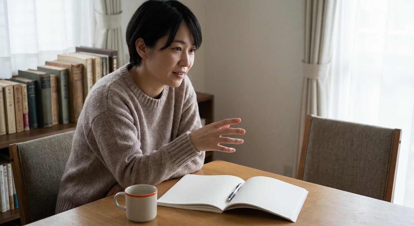 A realistic scene of a person sitting at a desk, speaking aloud to an imagined conversation partner, with a notebook open and a calm expression. Alt: empathetic listening exercise in a quiet room.