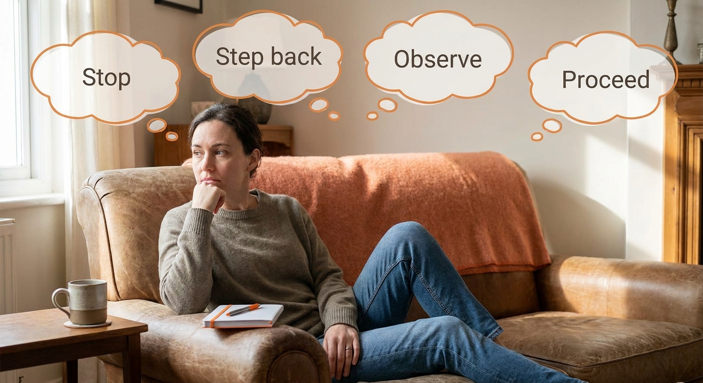 A realistic illustration of a person using the STOP skill in a living room, with thought bubbles showing “Stop,” “Step back,” “Observe,” “Proceed.” Alt: DBT STOP skill visual guide for forgiveness maintenance.