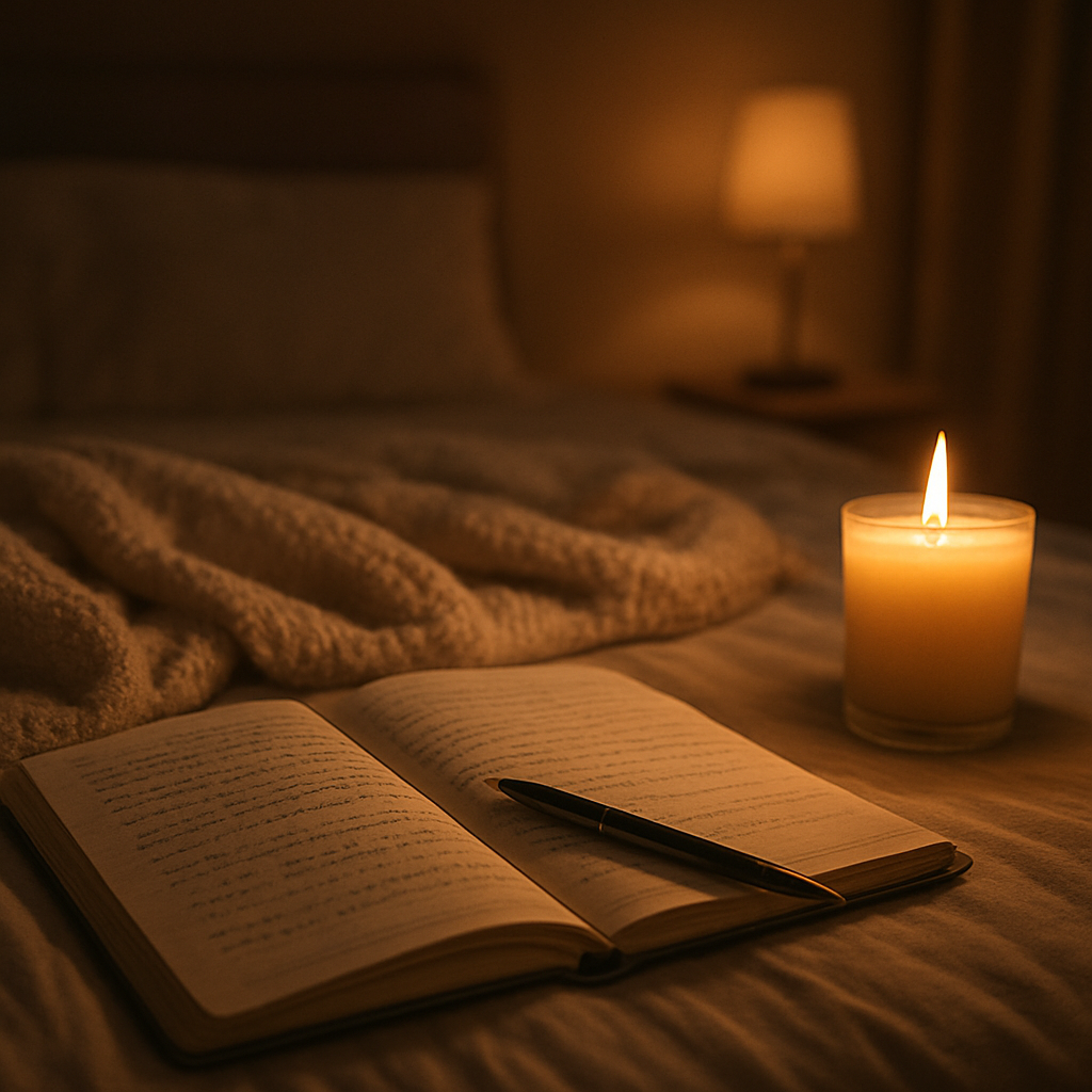 A serene bedroom scene with an open journal, a lit candle, and a soft blanket. Alt: