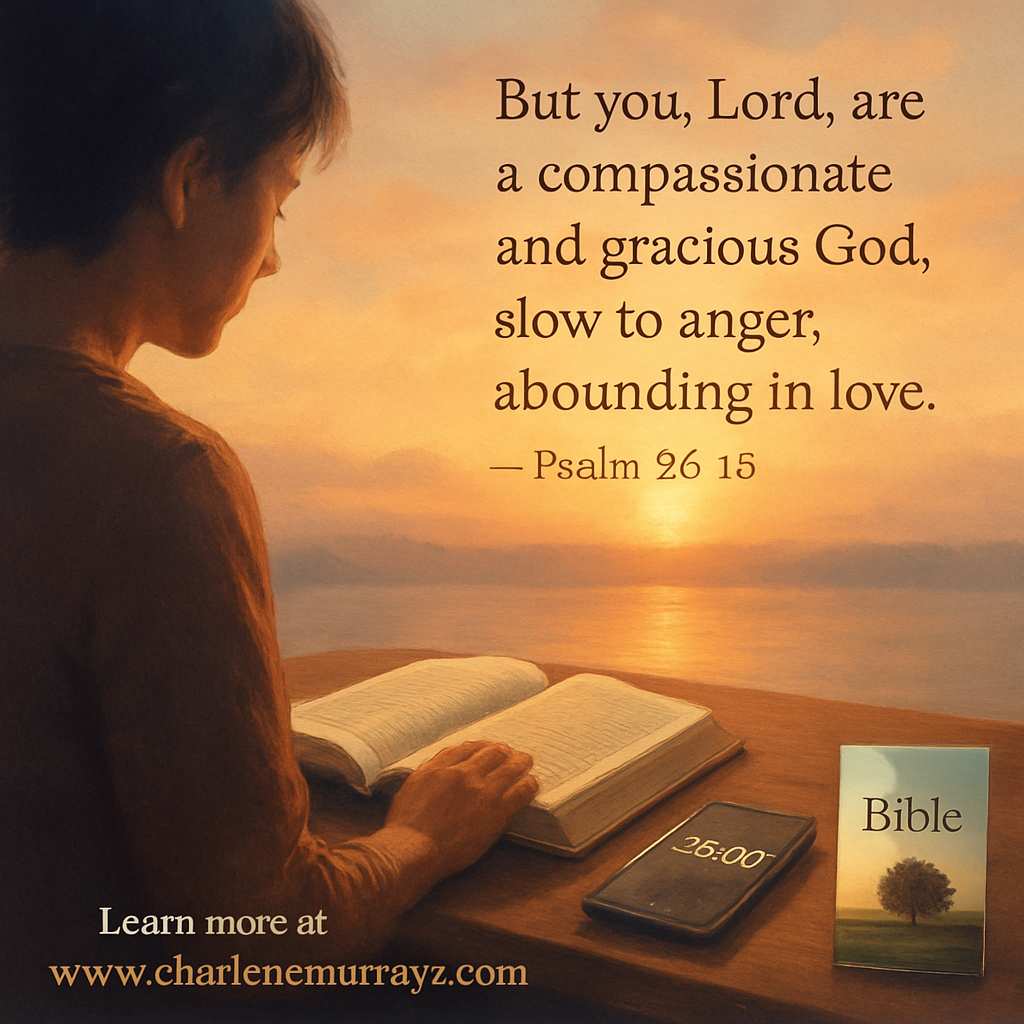 A soft‑lit illustration of a person sitting with an open Bible, a timer on a phone, and a gentle sunrise in the background. Alt: Christian self‑compassion practice with Bible verse and timer.