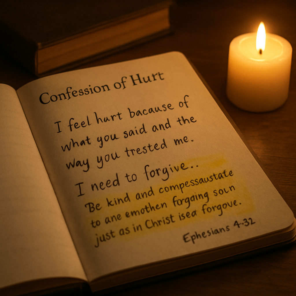 A serene journal open on a wooden desk with a soft candle beside it, showing a handwritten confession of hurt and a highlighted Bible verse. Alt: journal confession of hurt spiritual roots biblical forgiveness.