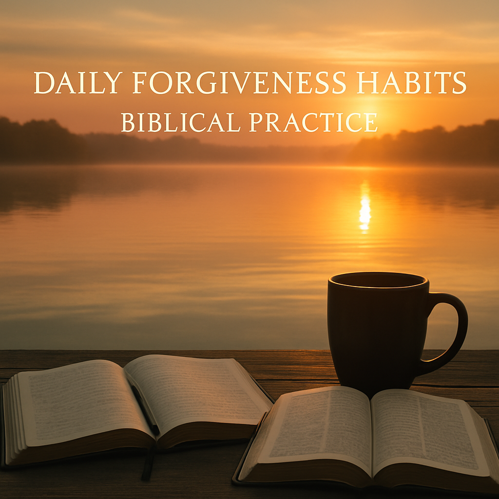 A calm sunrise over a peaceful lake with a journal and a Bible open beside a coffee mug, symbolizing daily forgiveness habits. Alt: Daily forgiveness habits biblical practice