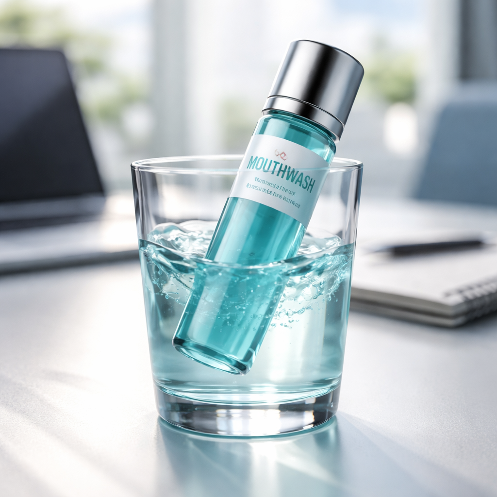 A photorealistic close‑up of a sleek travel‑size mouthwash bottle being swished in a clear glass, bright office lighting, a laptop and notebook blurred in the background, highlighting a professional preparing for a meeting. Alt: Natural mouthwash rinse for fresh breath before a meeting.