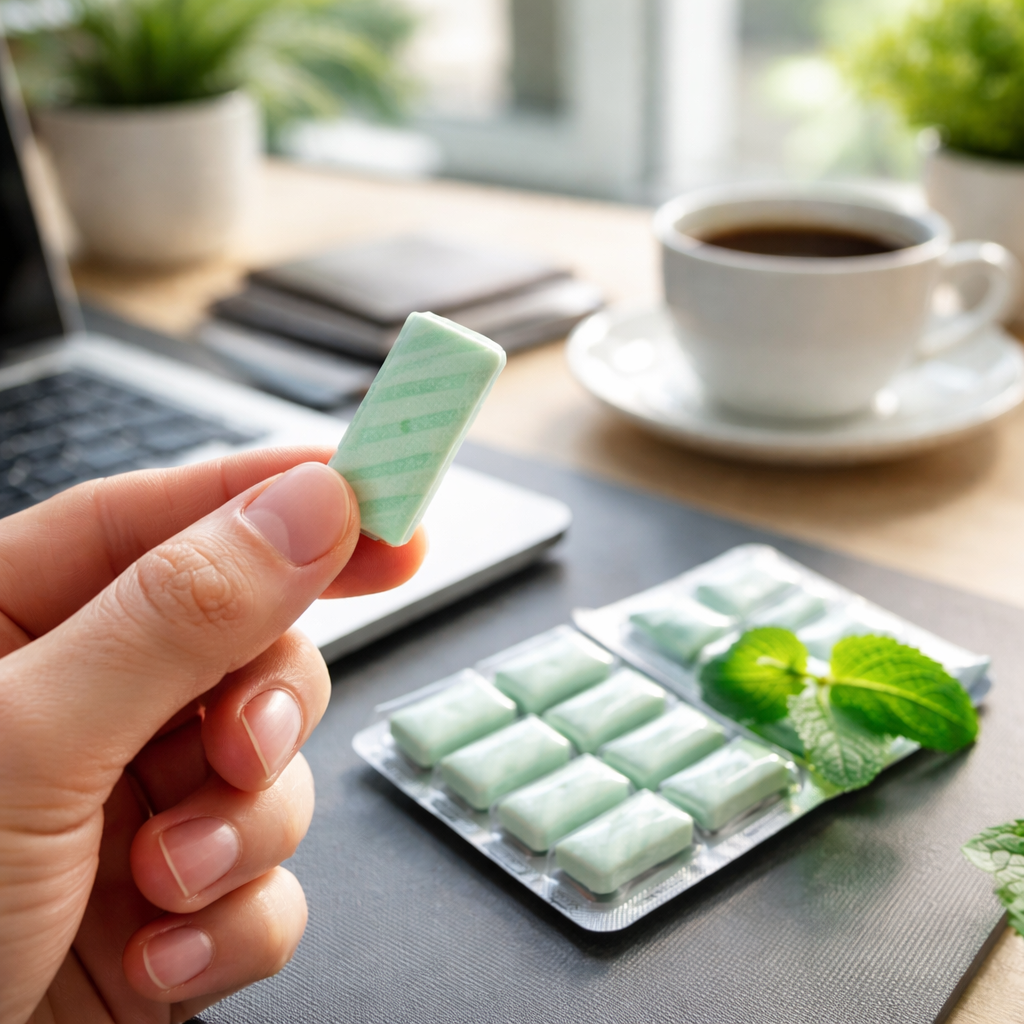 A photorealistic close‑up of a hand holding a stick of sugar‑free mint gum next to a laptop and a coffee cup in a modern office, natural lighting, showing fresh breath concept. Alt: Sugar‑free mint gum for fresh breath before a meeting.