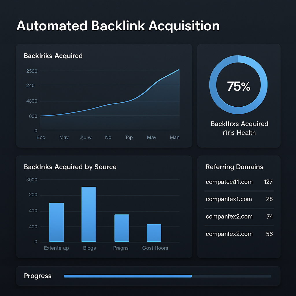 A sleek dashboard showing automated backlink acquisition metrics, with charts and a progress bar. Alt: Automated backlink generation dashboard for SEO growth.