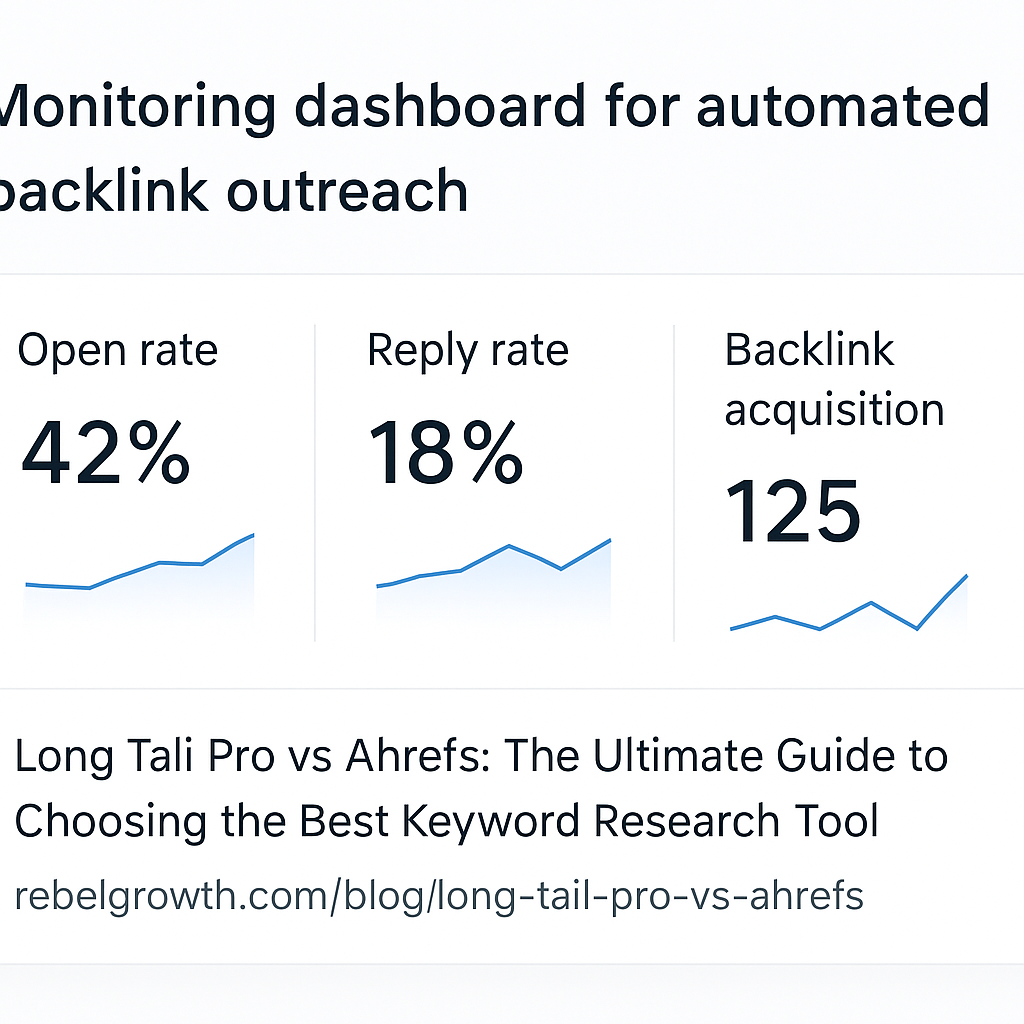 A clean dashboard screenshot showing open rate, reply rate, and backlink acquisition metrics. Alt: Monitoring dashboard for automated backlink outreach metrics.