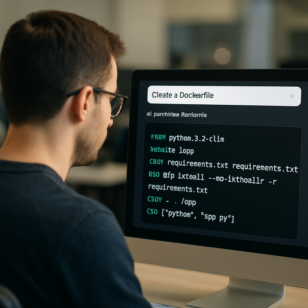 A developer looking at a terminal where an AI-generated Dockerfile is displayed, with subtle UI elements showing a prompt input and the resulting Dockerfile code. Alt: AI-powered Dockerfile generation workflow