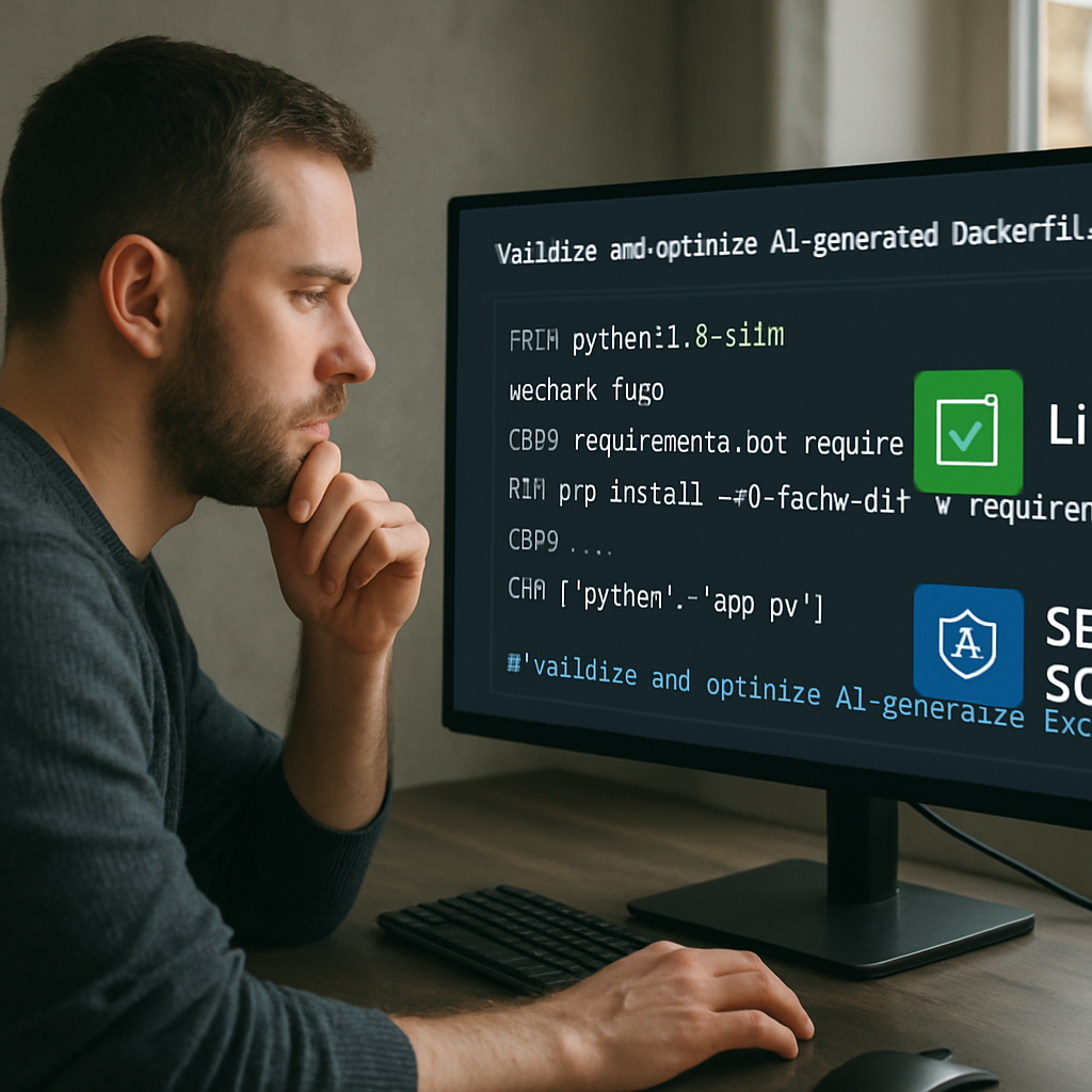 An illustration of a developer reviewing a Dockerfile with linting and security scan tools, Alt: Validate and optimize AI‑generated Dockerfile