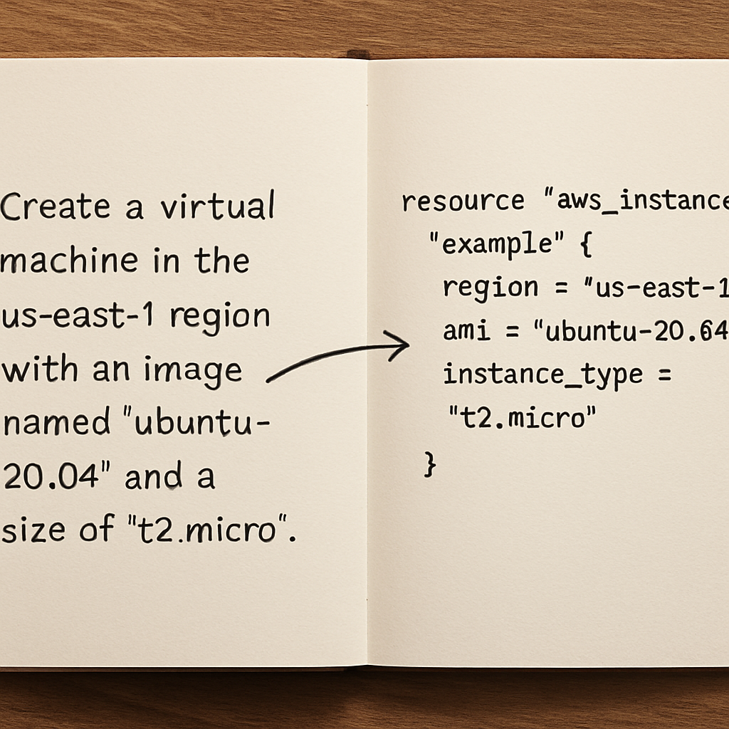 An illustration of a developer’s notebook with a plain‑English sentence on one side and the corresponding Terraform HCL blocks on the other, highlighting the mapping process. Alt: Mapping English to Terraform resources diagram