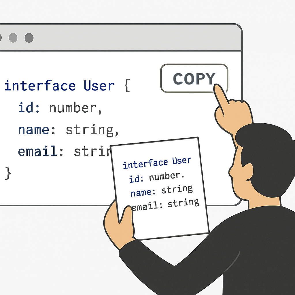 A developer copying TypeScript interface code from a browser window, showing a 