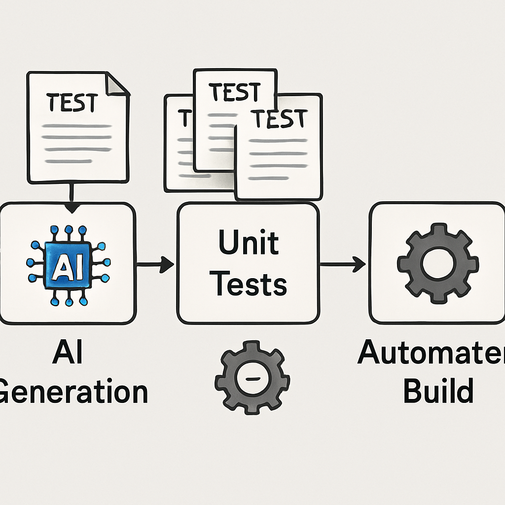An illustration of a CI/CD pipeline with test files flowing from AI generation to automated builds. Alt: Diagram showing integration of AI‑generated unit tests into CI/CD.