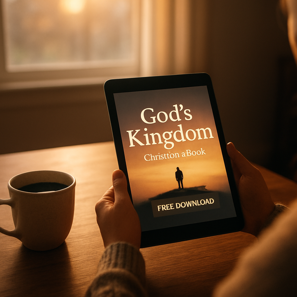 A peaceful home setting with a person holding a tablet displaying a Christian ebook, a cup of coffee on a wooden table, and a soft sunrise light streaming through a window. Alt: Christian ebook free download reading in a cozy morning setting.