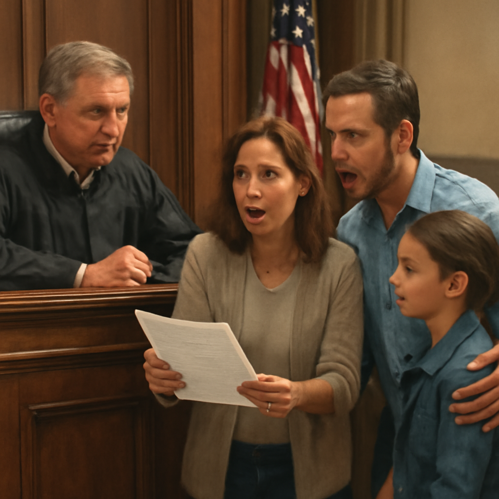 A courtroom scene with a judge and a family presenting documents. Alt: Family presenting documents in courtroom.