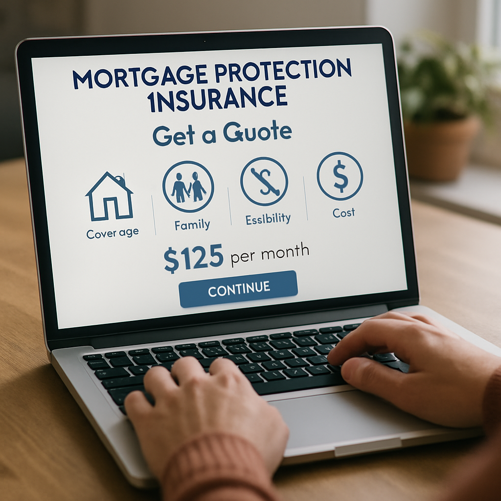 A homeowner using an online mortgage protection insurance quote calculator on their laptop, with visual icons showing coverage options and pricing estimates. Alt: Getting an accurate mortgage protection insurance quote online using user-friendly digital tools.