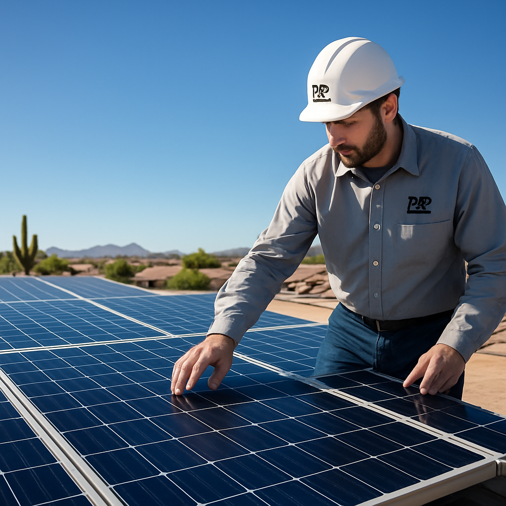 How to Get a No Money Down Solar Lease in Arizona: Step-by-Step Guide 1 A sunny Arizona rooftop with solar panels being inspected by a technician, showing a clear view of the panels against a blue sky. Alt: No money down solar lease Arizona eligibility rooftop inspection