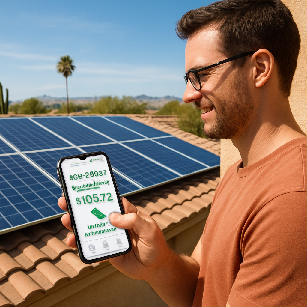 How to Get a No Money Down Solar Lease in Arizona: Step-by-Step Guide 2 A sunny Arizona rooftop with solar panels, a digital meter showing credits rolling over, and a homeowner checking a phone app. Alt: Arizona homeowner tracking net metering credits on a solar monitoring app