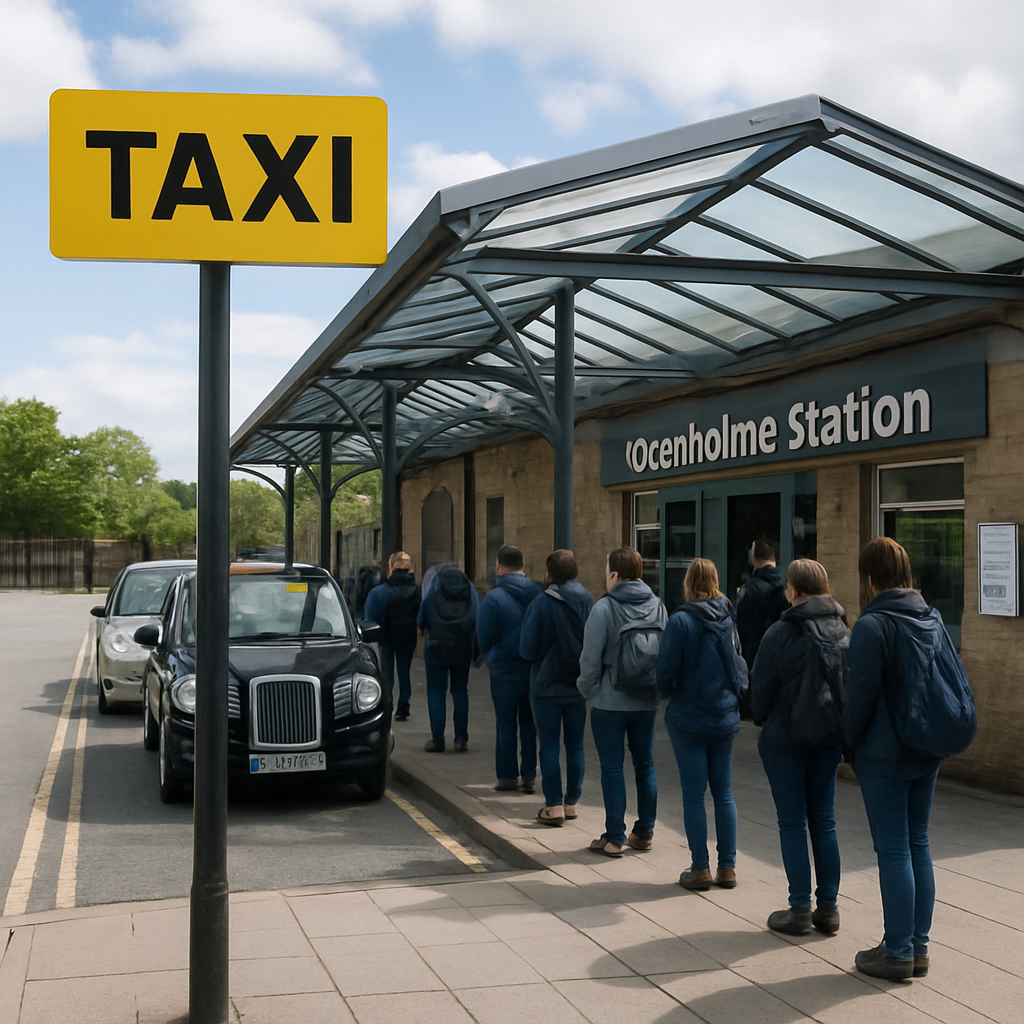 A clear daytime view of the Oxenholme station taxi rank with the yellow “TAXI” sign, a glass canopy, and a queue of passengers waiting. Alt: taxi rank at Oxenholme station for taxi from oxenholme station.