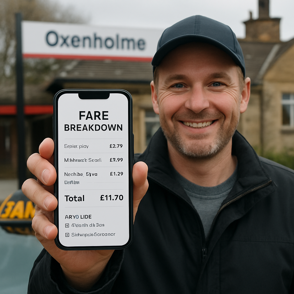 A friendly driver showing a fare breakdown on a smartphone screen at Oxenholme station. Alt: taxi from oxenholme station fare and app usage guide