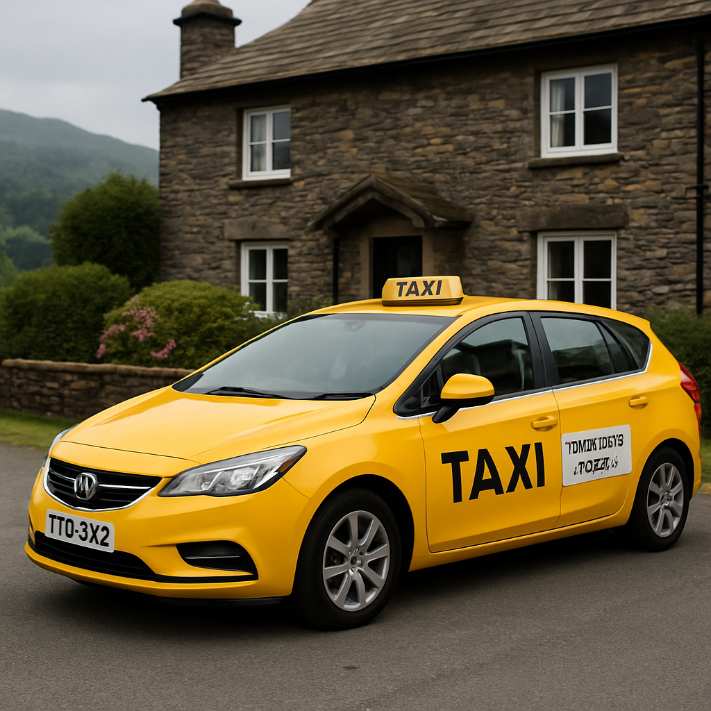 A friendly taxi parked outside a house in the Lake District, ready for a journey to Manchester Airport. Alt: taxi to Manchester airport pre‑booked service