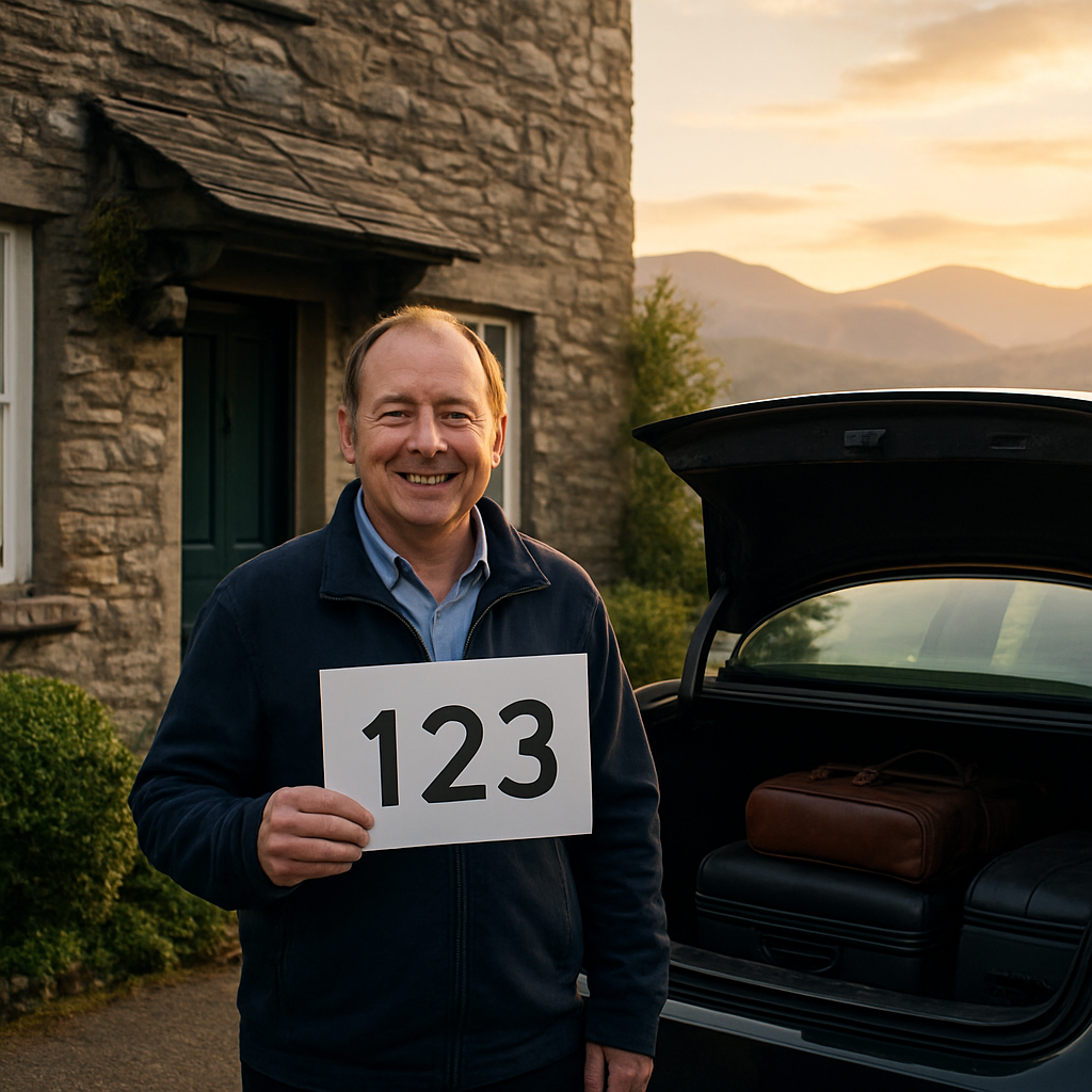 A friendly driver holding a sign with the house number outside a cosy Kendal cottage, luggage stacked in the boot, early morning light over the Lake District hills. Alt: taxi to Manchester Airport pre‑departure checklist scene.