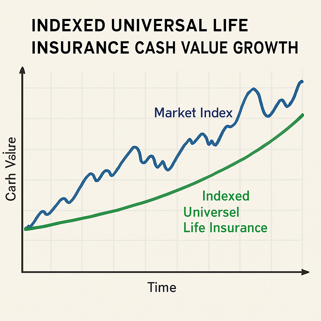 An illustrative graph showing the growth of cash value in an Indexed Universal Life Insurance policy over time with market index fluctuations. Alt: Indexed universal life insurance cash value growth graph tied to stock market index performance.