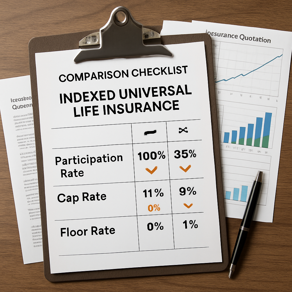 A comparison checklist with indexed universal life insurance documents and charts on a clipboard, highlighting key policy features. Alt: Comparing indexed universal life insurance quotes effectively with emphasis on participation, cap, and floor rates.