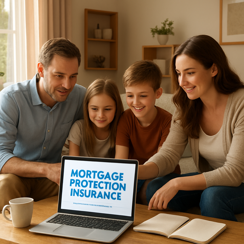 A warm, sunlit living room with a family gathered around a coffee table, reviewing a mortgage protection insurance quote on a laptop. Alt: mortgage protection insurance quote explained to families in a comfortable home setting.