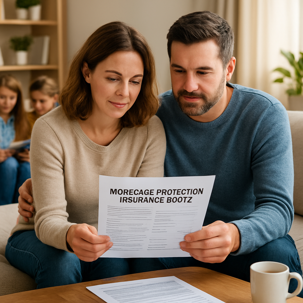 A cozy living room with a couple reviewing a printed mortgage protection insurance quote on a coffee table, showing focused yet relaxed expressions. Alt: mortgage protection insurance quote review with family.