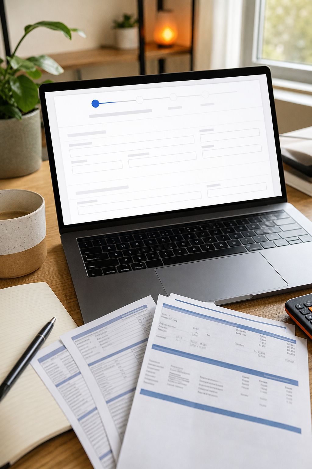 A realistic close‑up of a renter’s desk with pay stubs, a bank statement, and a laptop displaying a lease application, natural lighting, high detail