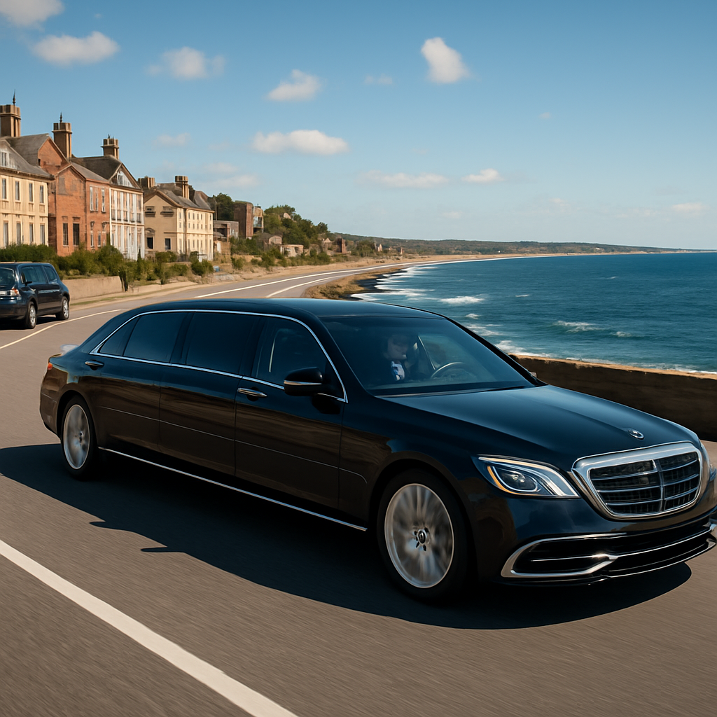 A sleek black limousine cruising along a sunny coastal highway with the Atlantic Ocean on the right. Alt: Luxury chauffeur ride Boston to Cape Cod coastal drive