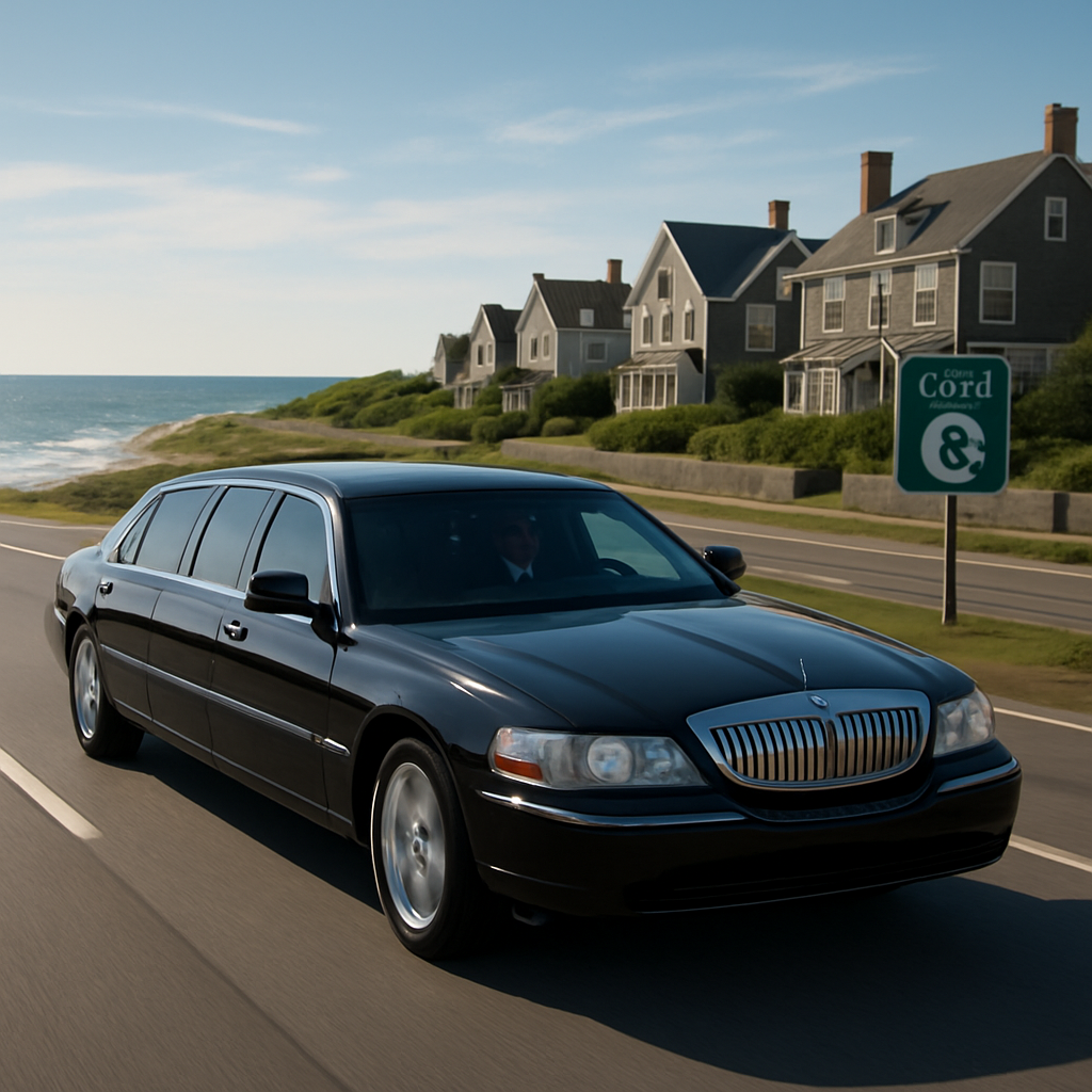 A sleek black limousine cruising along Route 6 with the Atlantic Ocean sparkling on the horizon, showcasing a comfortable, luxury travel experience on the way to Cape Cod. Alt: Luxury chauffeur driving along Cape Cod Expressway with ocean view.