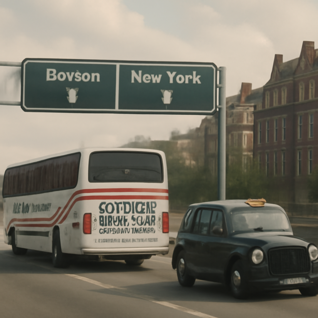 A scenic view of a Boston‑to‑New York bus route with highway signs, Alt: Boston to New York bus journey.