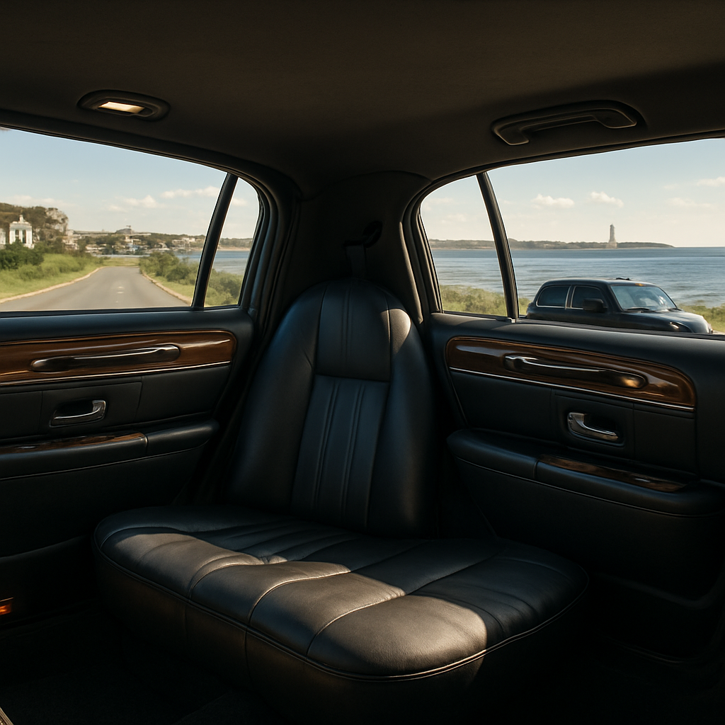 A realistic photo of a luxury limousine cruising along Route 295 with a scenic view of the New England coast, sunlight reflecting on the polished interior, suited for business executives and families traveling between Boston and Newport, Rhode Island.
