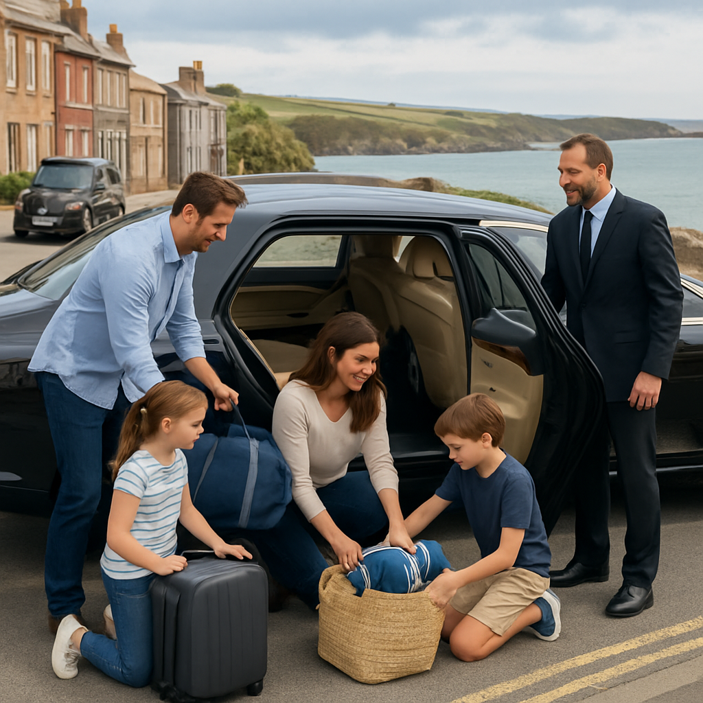 A photorealistic image showing a luxury limousine with a spacious interior, a family packing essentials in a Boston‑to‑Newport road trip setting, with scenic coastal views in the background. Alt: Luxury limousine road trip packing in New England.
