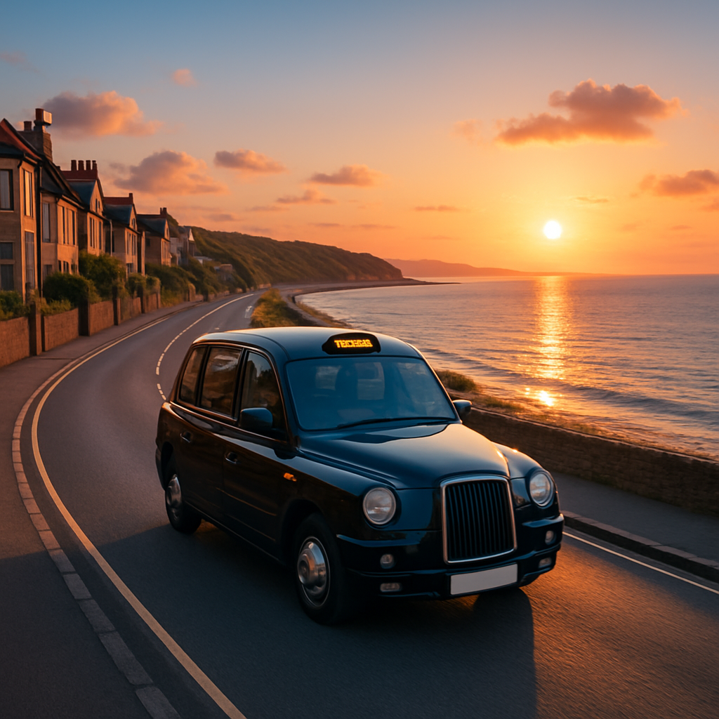 A scenic coastal highway with a clear blue sky, a car traveling along the shoreline, sunset reflected on water. Alt: Scenic Boston to Portland road trip