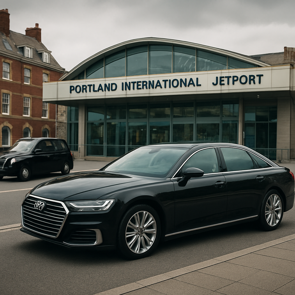 A sleek black luxury sedan parked outside Portland International Jetport with the airport terminal visible in the background. Alt: Luxury ground transfer after a flight from Boston to Portland Maine.