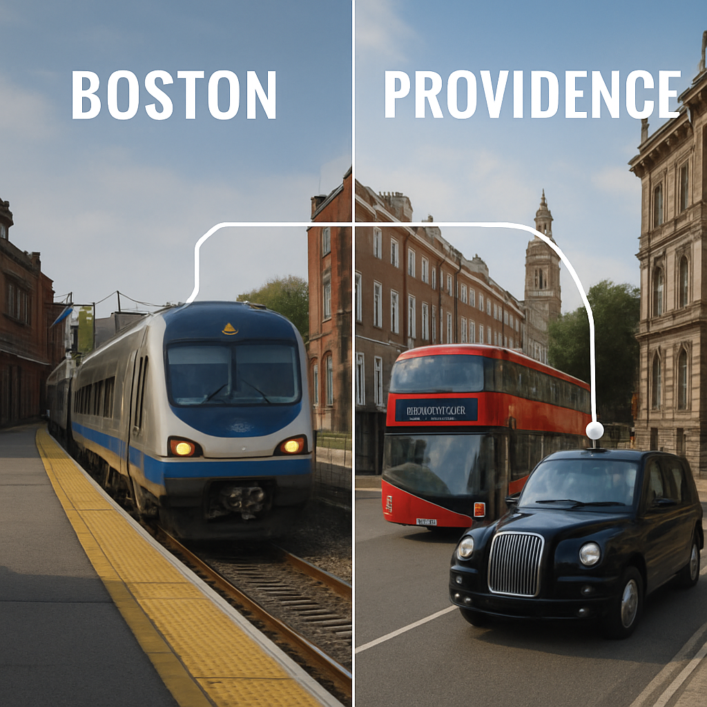 Luxury car service from Boston to Providence travel map.