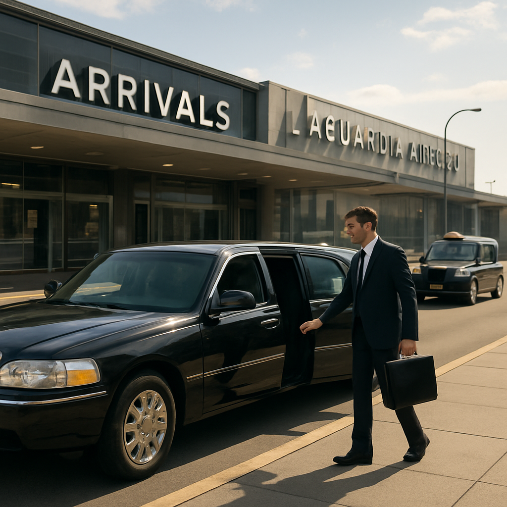 A photorealistic scene of a sleek black limousine pulling up to LaGuardia Airport arrivals curb, with a well‑dressed chauffeur opening the door for a business traveler carrying a briefcase, bright morning light casting soft shadows on the runway backdrop. Alt: Luxury airport transfer from LGA to Times Square.