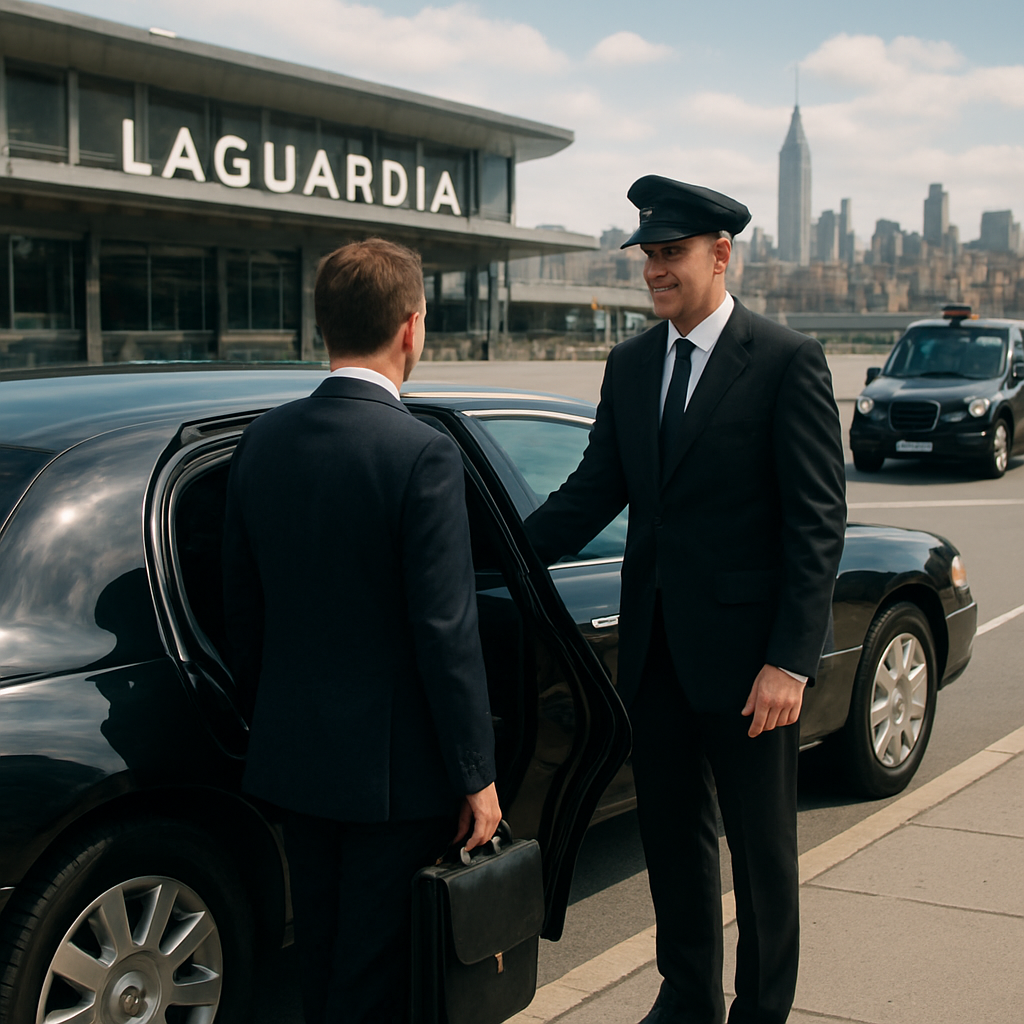 A photorealistic image of a sleek black limousine with a professional chauffeur opening the door for a traveler at LaGuardia Airport, the New York skyline visible in the background, conveying luxury ground transportation. Alt: Luxury chauffeur service from LGA to Times Square