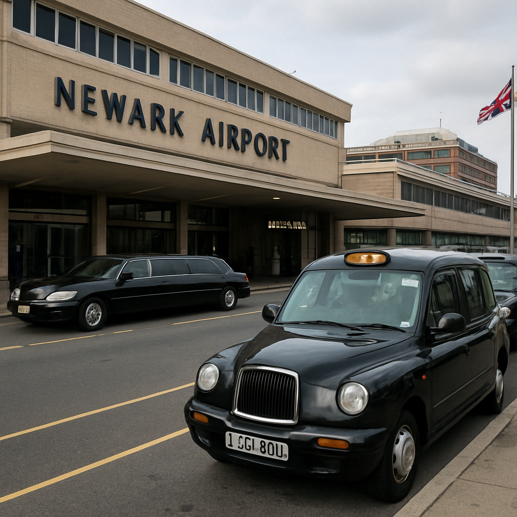 A busy Newark Airport terminal with a taxi stand and a luxury limousine waiting in the background. Alt: Newark Airport transportation options