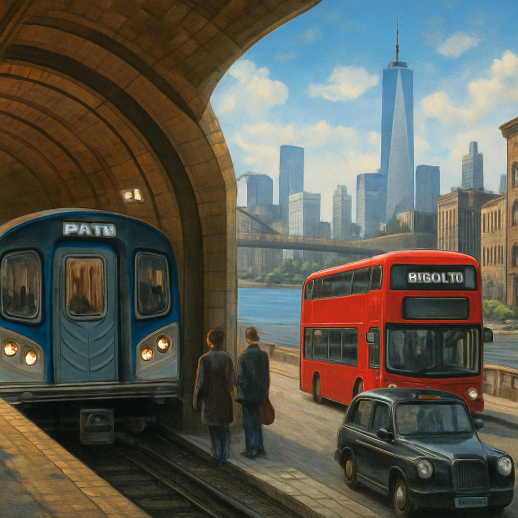 A vibrant illustration of a PATH train tunnel with commuters, contrasting with a bus gliding along the waterfront, capturing the transition from Jersey City to Brooklyn. Alt: PATH train and Brooklyn bus travel