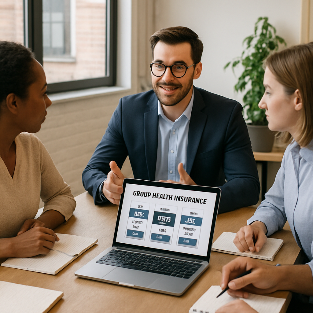 An office meeting scene with a small business owner discussing group health insurance options with employees. Alt: Small business owner and team reviewing group health insurance plans online.