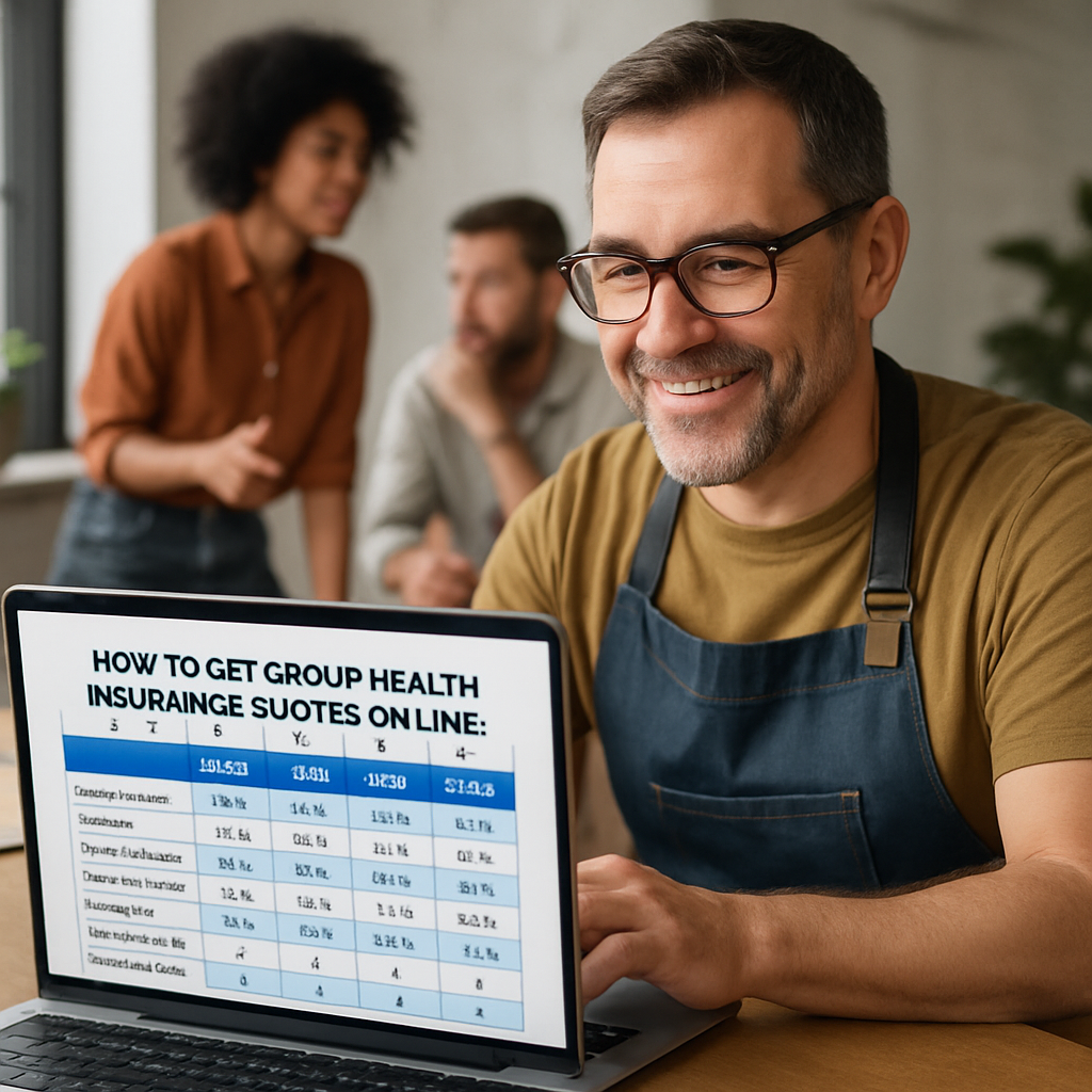 A friendly small business owner reviewing health insurance plan comparison charts on a laptop with a team brainstorming in the background. Alt: How to get group health insurance quotes online comparison of key plan features.