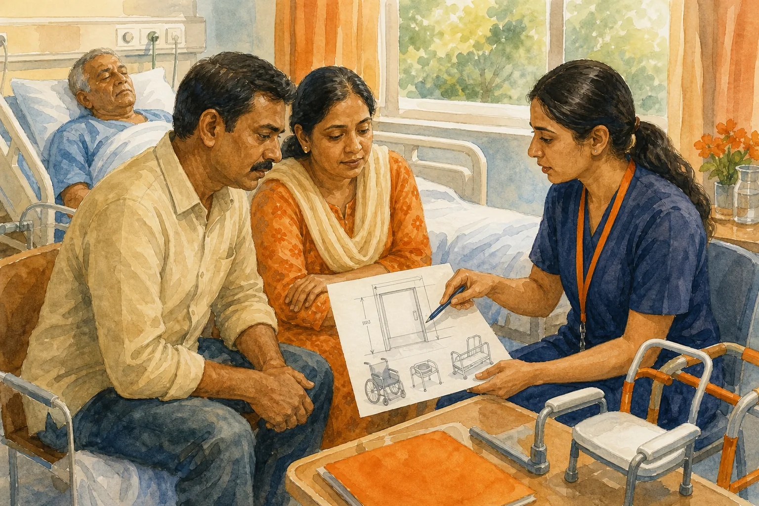 Indian family reviewing home medical equipment needs before hospital discharge.