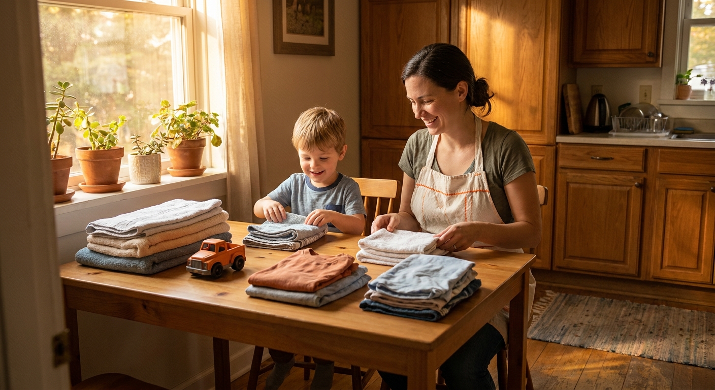 A parent and a young child folding laundry together at a kitchen table, both smiling, warm natural light, realism style. Alt: parent modeling chores with a child to get kids to do chores without nagging.