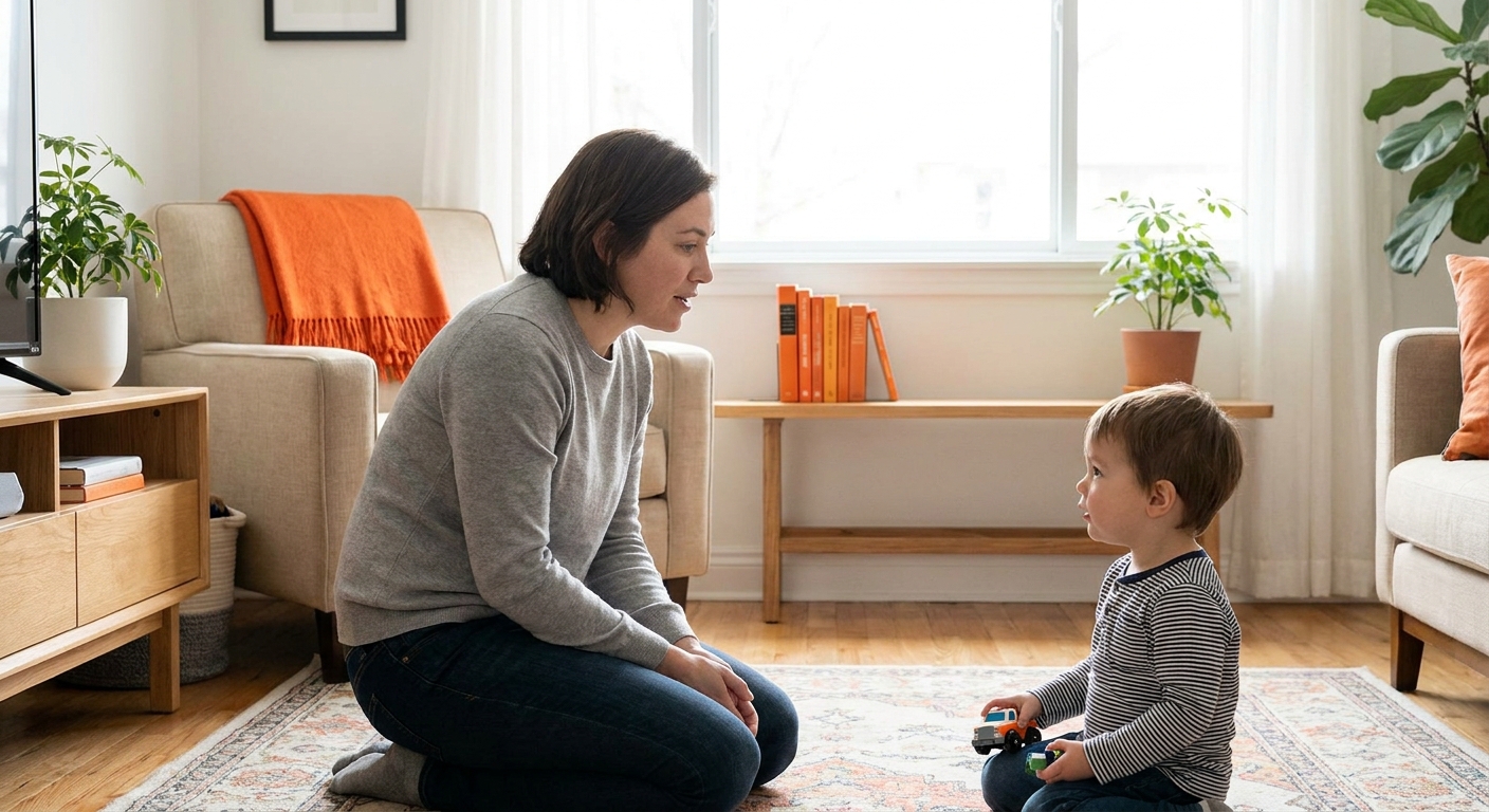 A parent kneeling at eye level talking calmly with a child in a tidy living room, relaxed body language, soft daylight, realism style. Alt: parent using calm follow-through to get kids to do chores without nagging.