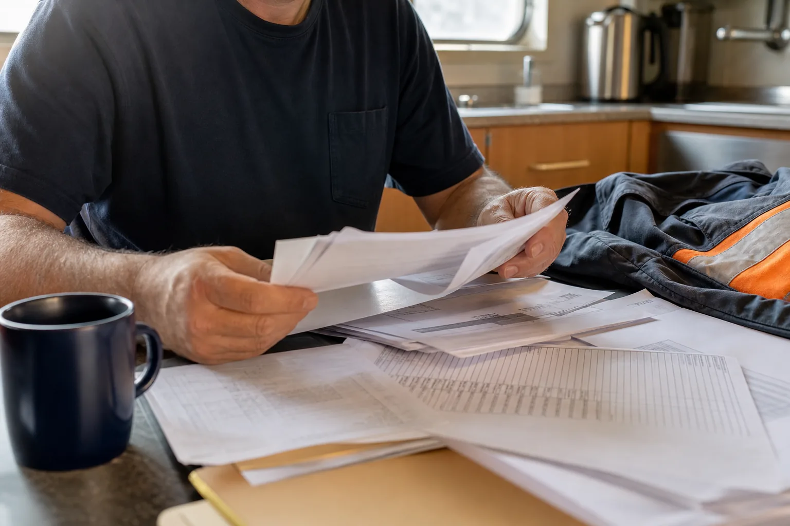 Seafarer organizing medical bills for a maintenance and cure request.