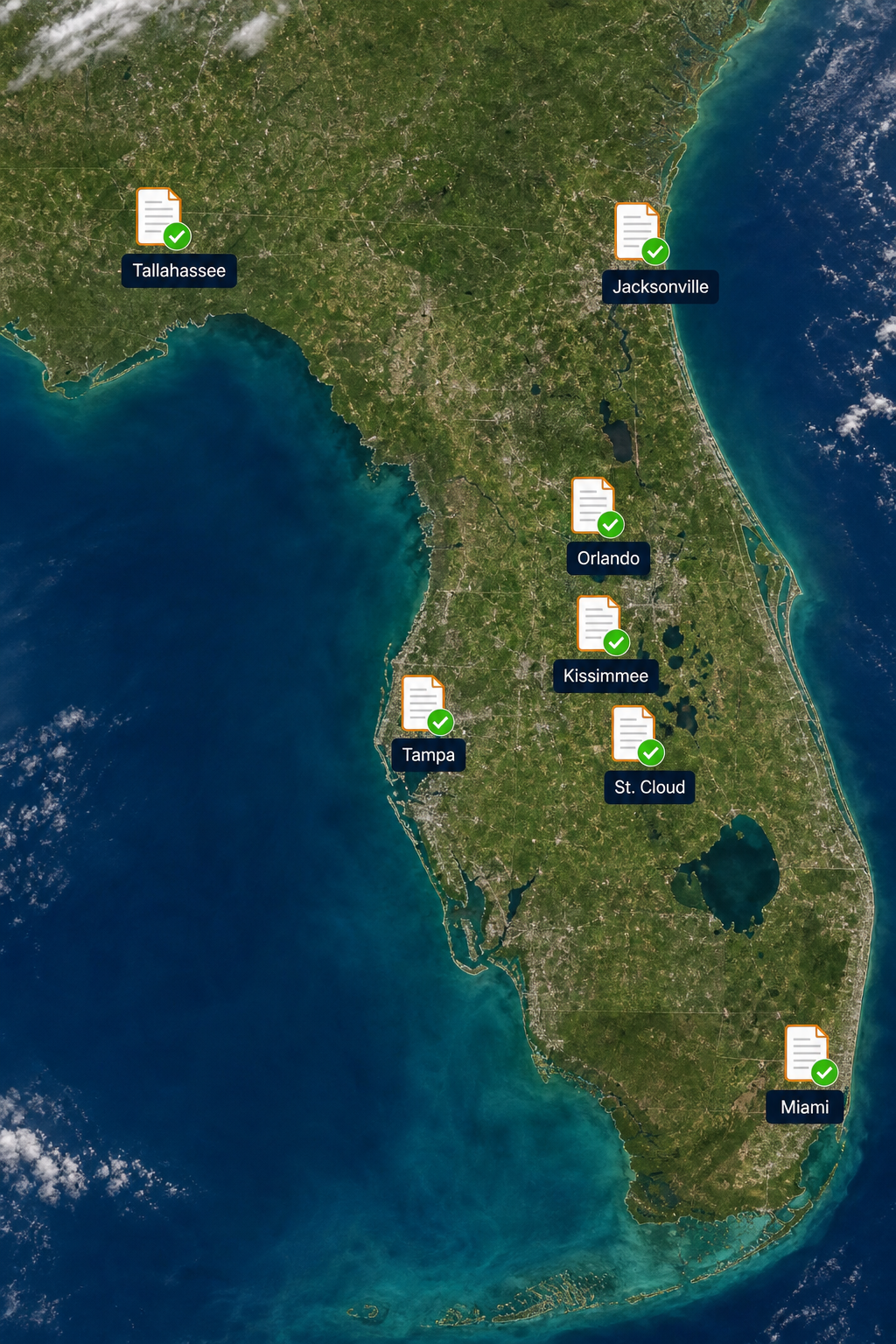 A realistic map of Florida highlighting Miami, Kissimmee, St. Cloud, Orlando, Tampa, Jacksonville, and Tallahassee, each with a small icon of a lease document and a checkmark, Realism style, Alt: Florida city lease‑break checklist